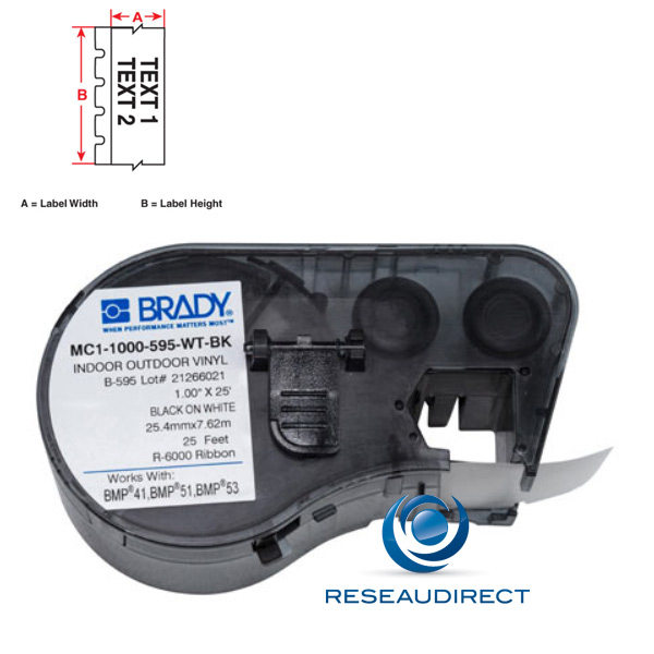 Brady Part: MC-500-595-BL-WT, 143387, Étiquettes en vinyle pour  utilisation en intérieur/extérieur pour étiqueteuses BMP41, BMP51 et BMP53