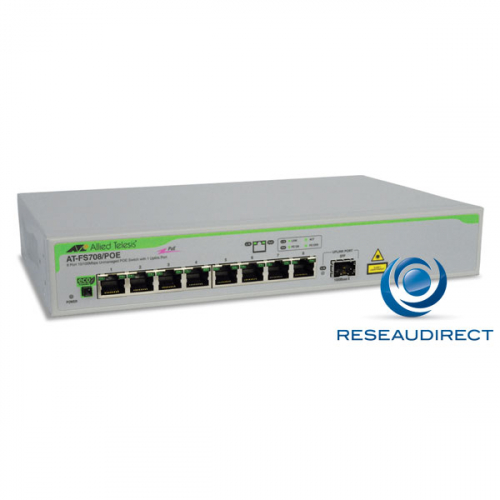 Allied Telesis AT-FS708/POE-50 Commutateur Fast Ethernet  ports Eco 10/100 Mbs POE 1 x SFP rackable 19p alim 220V interne