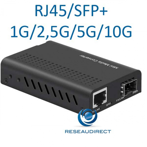 - Fiberroad FR-2222 Mini-Convertisseur Multigigabit 10 Gbps 10/100 Mbps 1G 2.5G 5G 10G cuivre RJ45 vers SFP+ 1G 2.5G 5G 10G LFPT alim 5-12VDC vitesse réglable 