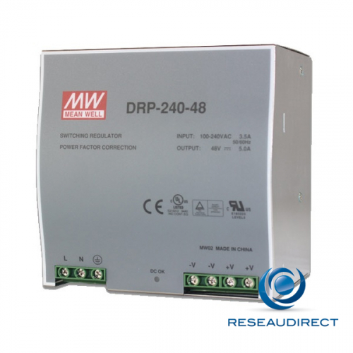 Meanwell DRP-240-48 Alimentation 48 VDC rail DIN 240W/5A entrée 88-132 VAC ou 176-264 VDC températures -10 à 60°C